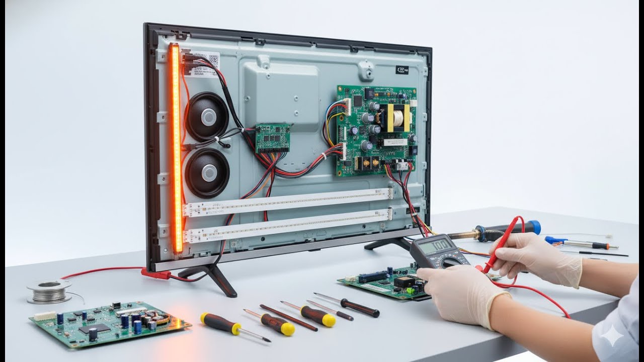 LED TV open on the bench for component-level board testing with multimeter