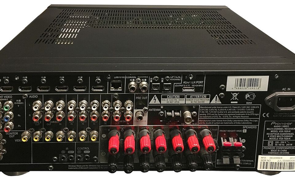 AV receiver rear panel with speaker and HDMI connections