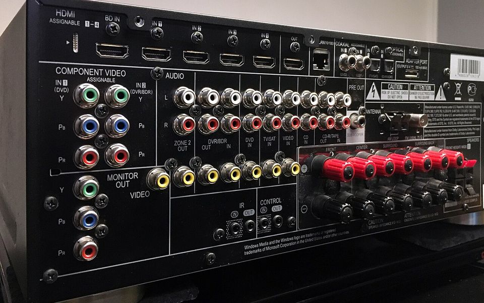 Rear of an AV receiver with speaker terminals